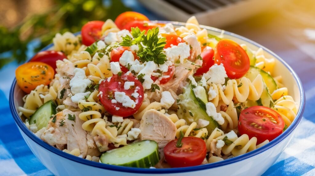 Zesty Chicken Pasta Salad Recipe A colorful chicken pasta salad with tomatoes, cucumbers, chicken, and feta cheese in a bowl ready to serve.