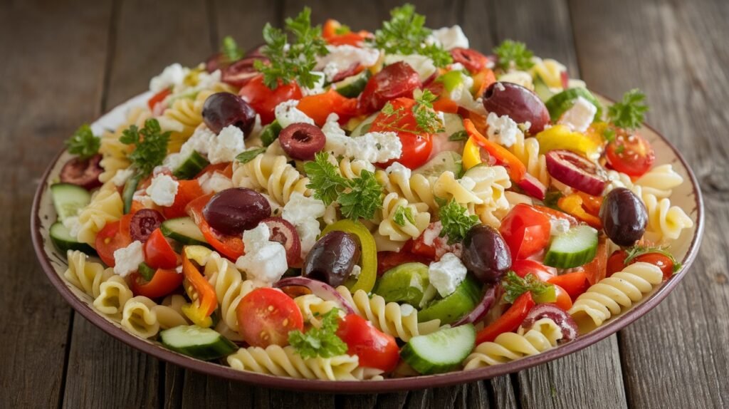 Mediterranean Pasta Salad Recipe A fresh Mediterranean pasta salad with tomatoes, cucumbers, olives, and feta cheese, garnished with parsley.