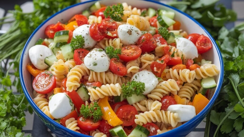 Refreshing Italian Pasta Salad Recipe A vibrant Italian pasta salad with pasta, tomatoes, cucumbers, bell peppers, and mozzarella in a bowl.
pasta salad with italian dressing