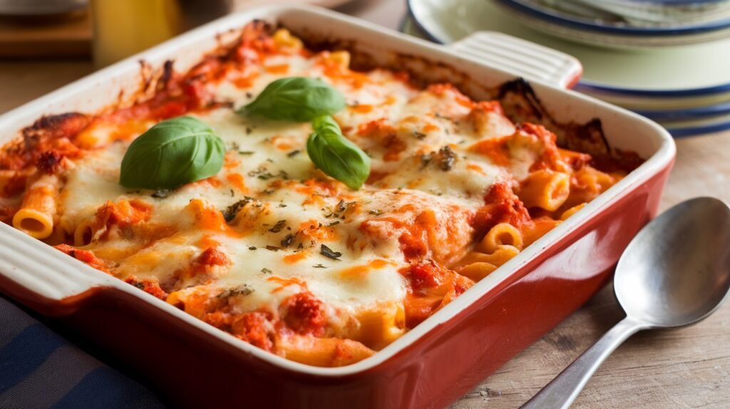 Cheesy Chicken Pasta Bake Recipe Cheesy chicken pasta bake in a ceramic dish, garnished with fresh basil.