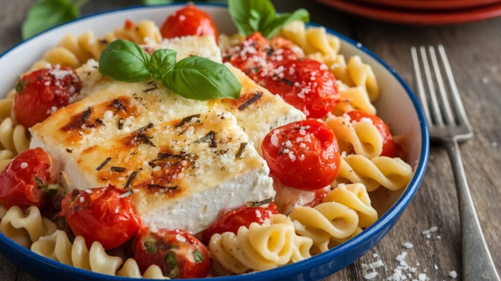 Baked Feta Pasta with Cherry Tomatoes A delicious baked feta pasta bake with cherry tomatoes and fresh basil.