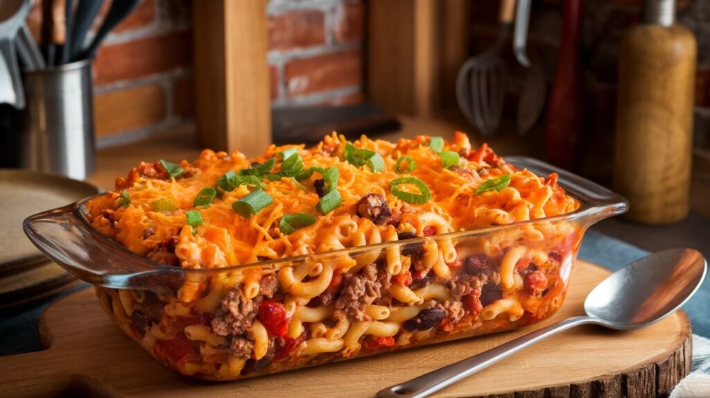 Cheesy Taco Pasta Bake Recipe Cheesy taco pasta bake in a casserole dish, topped with green onions, ready to serve.