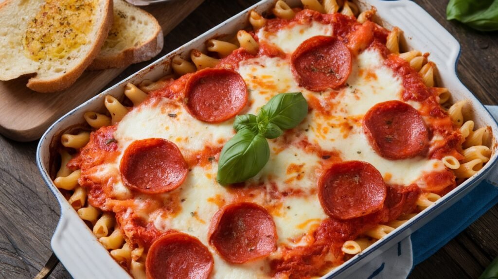 Cheesy pizza pasta bake in a casserole dish with pepperoni and melted cheese, garnished with basil.
