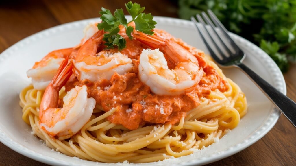 Garlic Butter Shrimp Pasta Recipe Garlic butter shrimp pasta topped with parsley and Parmesan cheese on a rustic table.