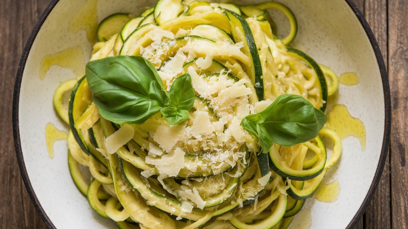 Garlic and Herb Zucchini Noodles Recipe Garlic and herb zucchini pasta noodles topped with fresh basil and Parmesan cheese.